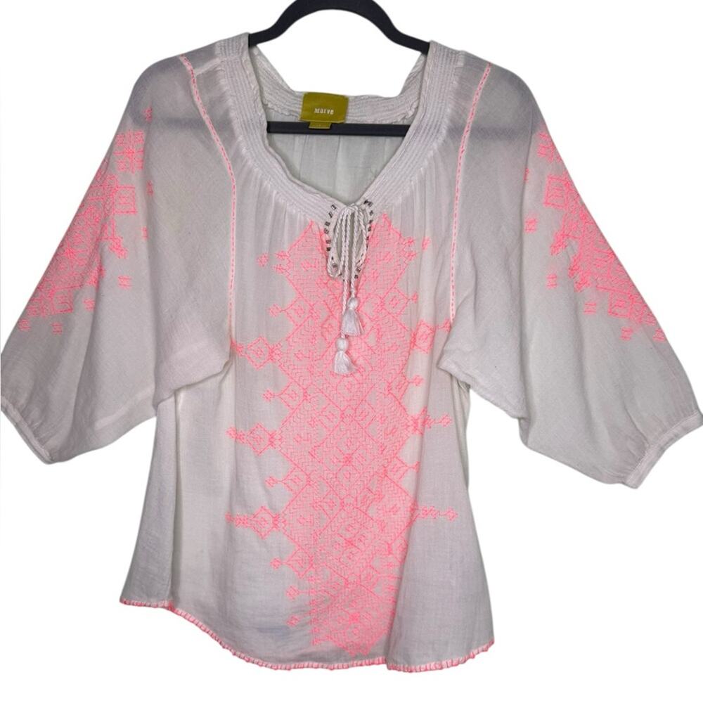 Maeve White Embroidered Hot Pink Top Blouse Tassel Tunic Shirt Size 2